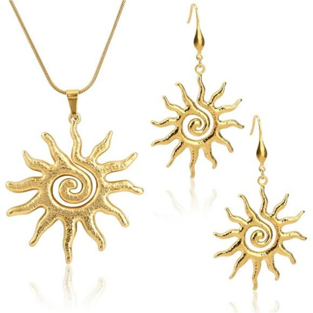 Gold sun pendant necklace earrings set dainty sunflower charm solar jewelry gift